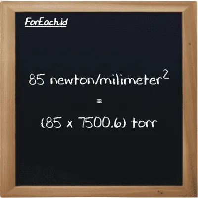 How to convert newton/milimeter<sup>2</sup> to torr: 85 newton/milimeter<sup>2</sup> (N/mm<sup>2</sup>) is equivalent to 85 times 7500.6 torr (torr)